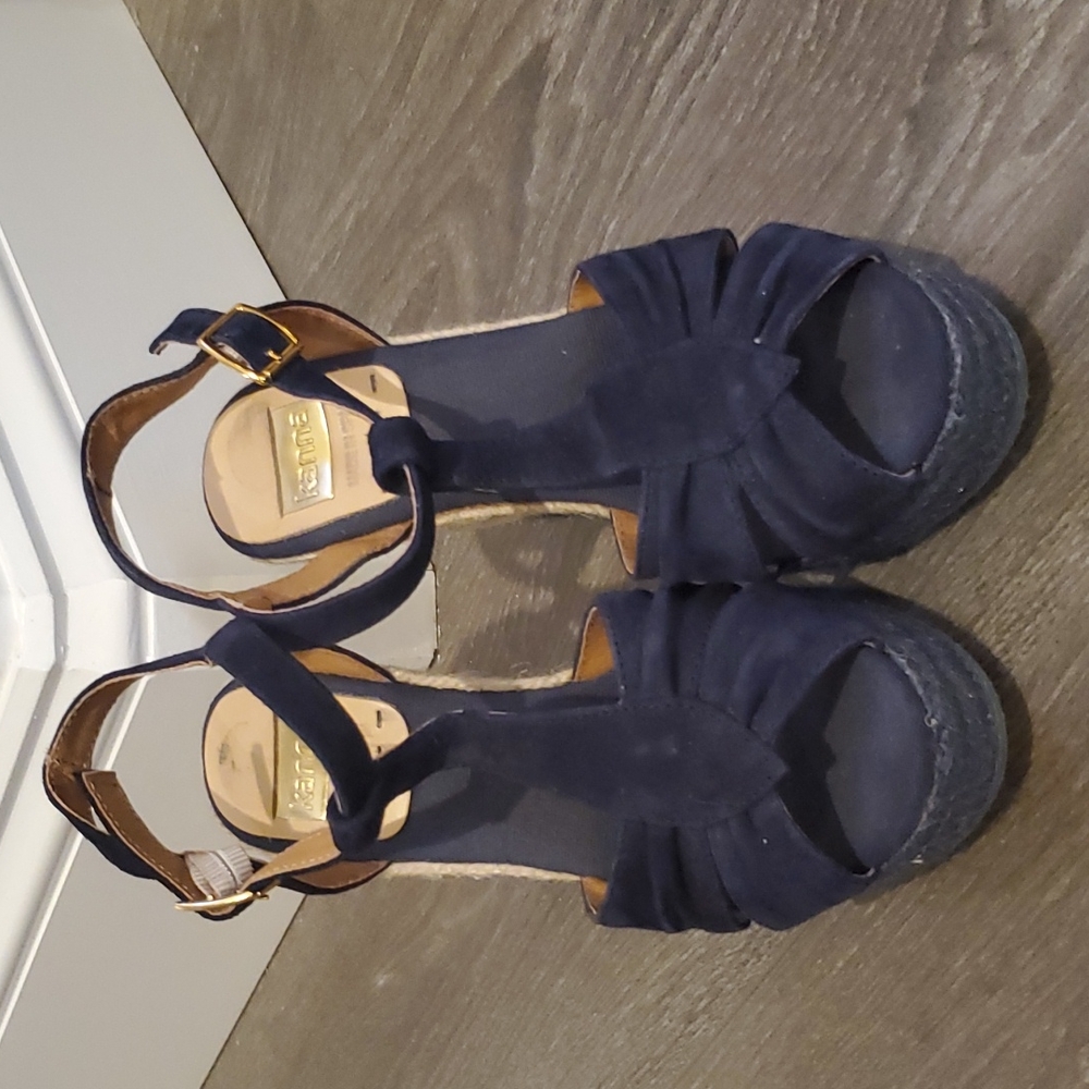 Kann Navy suede strappy wedges